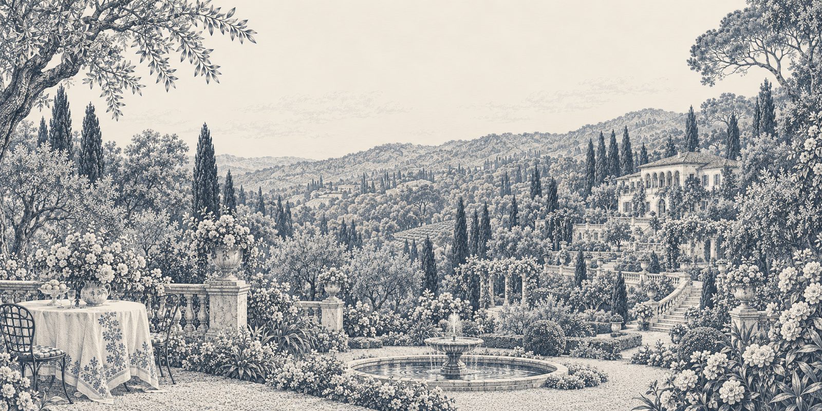 Engraved view of a villa terrace: a laid table under an olive tree, a stone fountain, cypresses, and the villa on the hillside.